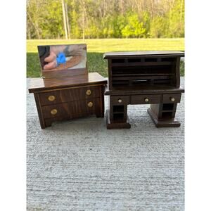 Miniature Wooden Dollhouse Dresser and Desk Vintage